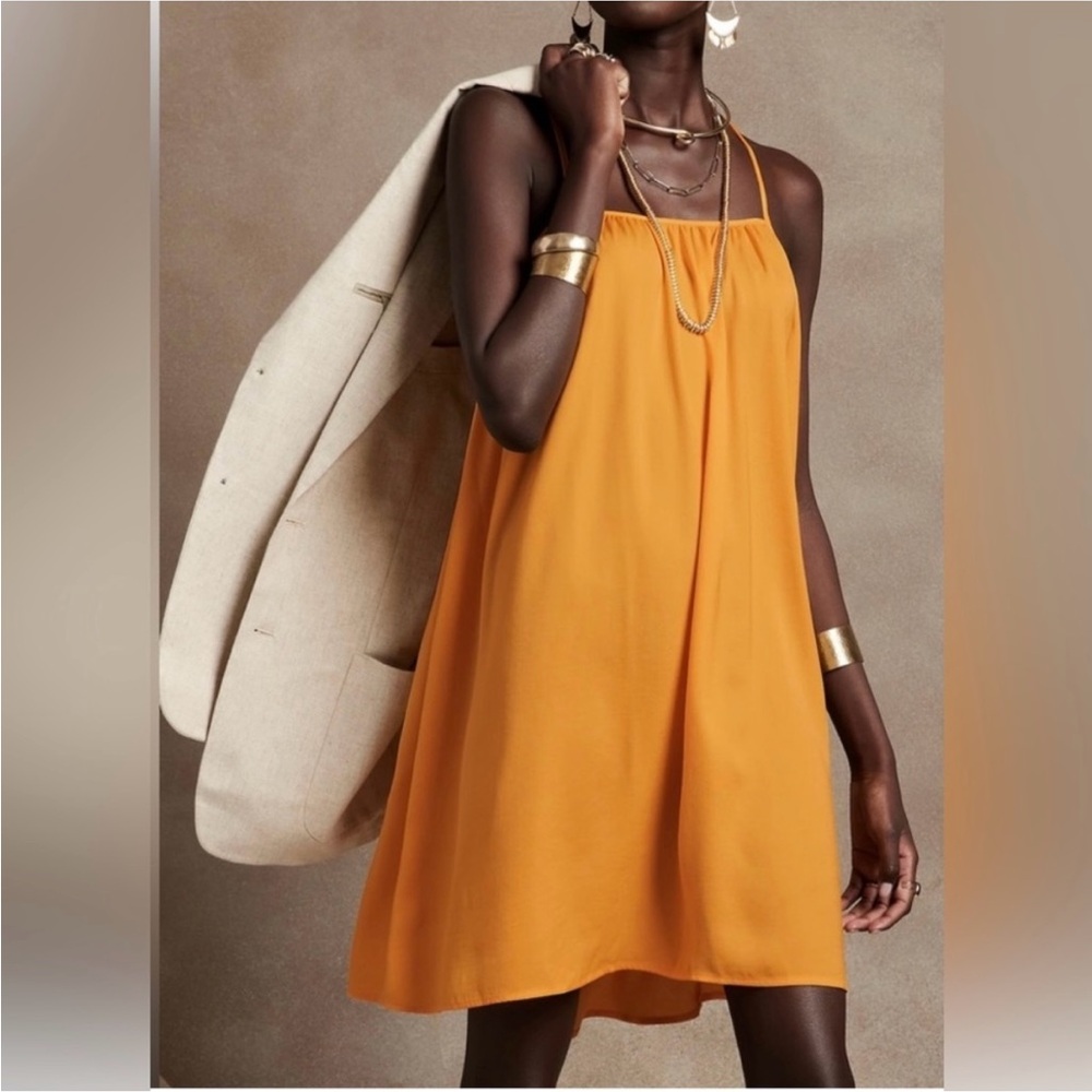 Banana Republic Mini Shift Sun Dress Racerback Adjustable Straps Bright Mango XS